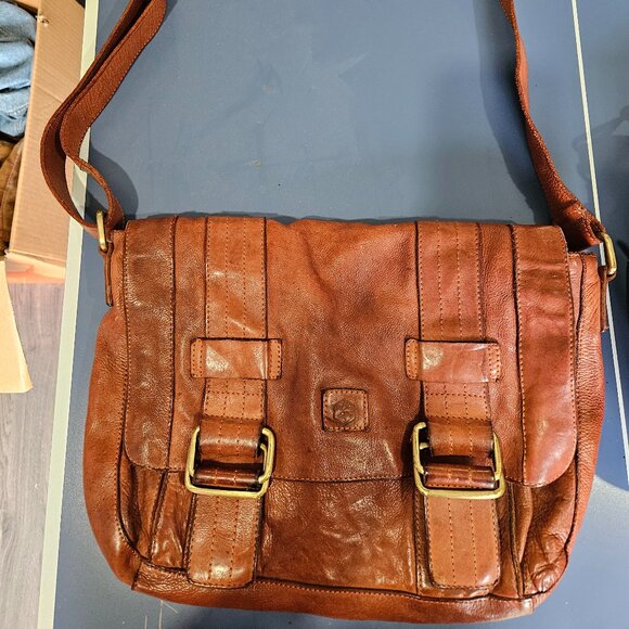 Unisex Genuine Leather Brown Side Bag - Picture 1 of 3